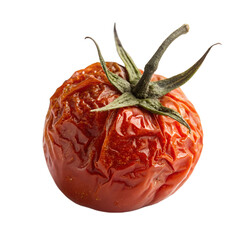 Close up of a wrinkled tomato with stem for food waste concept usage isolated on transparent background
