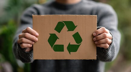 Person showing a cardboard with recycle symbol promoting environmental awareness and responsible consumption