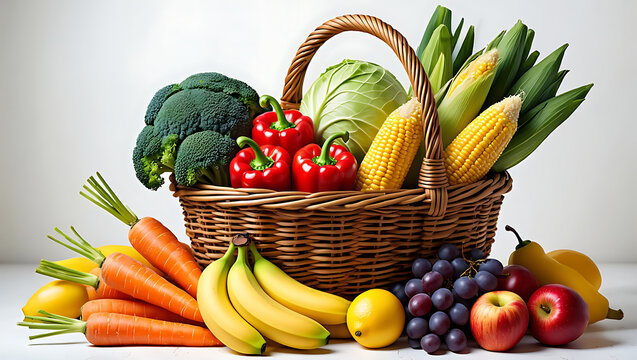 Fresh fruits and vegetables in a wicker basket