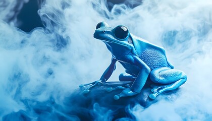 Vibrant blue frog perched on a rock, amidst smoky mist.