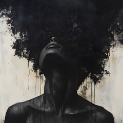 A woman's figure in profound contemplation, depicted in shades of black and cream.