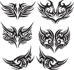 Six Black Tribal Style Wing Designs Set Abstract Swirls Tattoo Motifs Graphic Elements Vector Art Illustrations 1