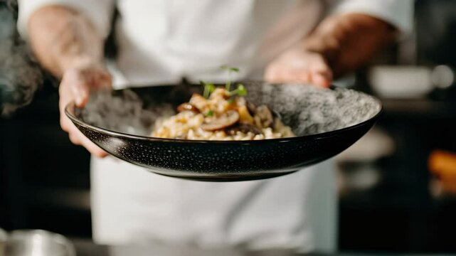 Chef presenting gourmet risotto dish with steaming details in a professional kitchen setting