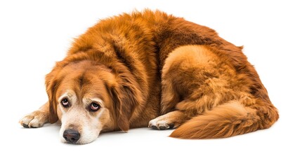 A  sad-looking golden retriever lies down.
