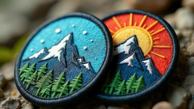 A pair of fabric patches featuring mountains and trees, great for outdoor or nature-themed projects.