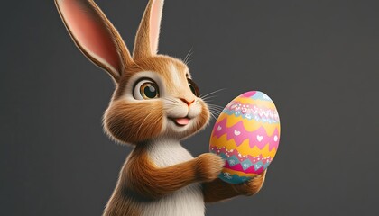 A cute cartoon bunny holds a decorated Easter egg.