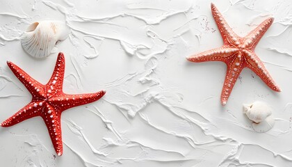 Decorative seashells and starfish on a textured surface.