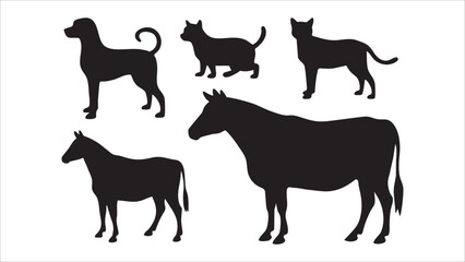 Black Silhouettes Dog, Cat, Horse, Cow Farm Animals