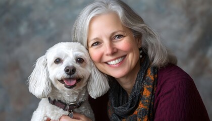 A woman and her white dog close together.