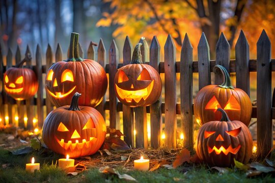 Jack O Lanterns Glowing Beside Broken Picket Fenc