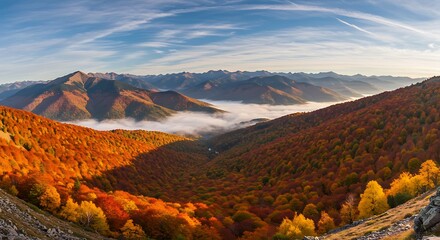 Fototapeta premium Majestic Autumnal Mountain Panorama Breathtaking View of Colorful Forests and Misty Valley