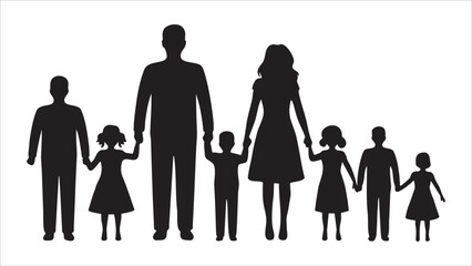 Silhouette Family Portrait Mother, Father, and Five Children Holding Hands