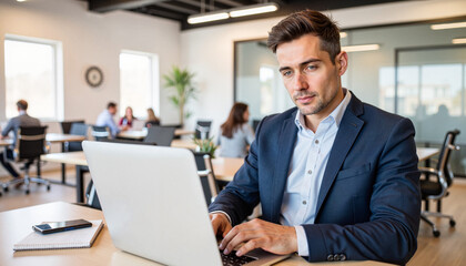 Businessman working on laptop in modern office during the day  
