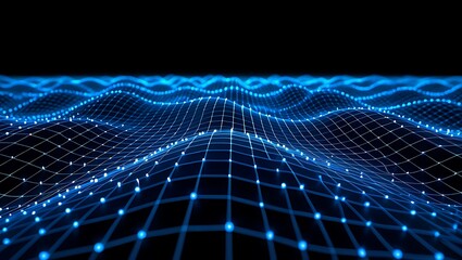 Digital blue terrain connecting data points in a glowing cyber landscape against a dark black