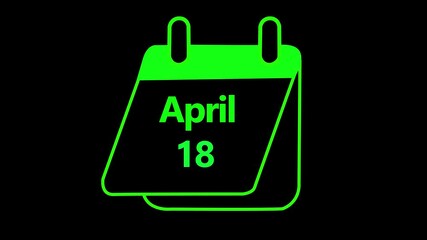 18 April date Calendar icon 4k video animation, black background. April 18 Calendar Sign on black  screen background,  Calendar Pendulum Animation - April 18. 4k graphic motion