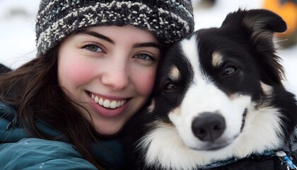 Woman and dog embracing outdoors in the snow.