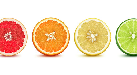 Citrus fruit wheel slices of grapefruit, orange, lemon, set, isolated on white background. Fresh drink garnish decoration graphic resource.