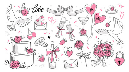 Romantic doodle icons set. Hand drawn stickers with cake, champagne, brides bouquet, pink hearts and wedding ring. Wedding design elements. Linear vector illustration collection isolated on background
