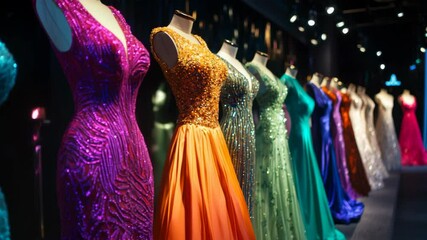 Elegant evening gowns displayed in a vibrant mannequin fashion showroom - Powered by Adobe