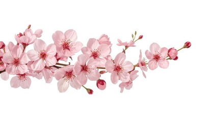 Delicate pink cherry blossom branch isolated on white background