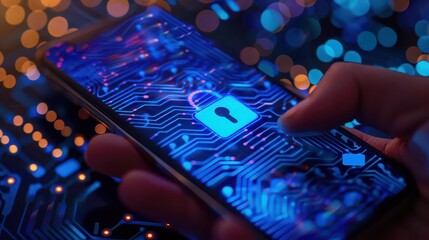 Hand touching a smartphone screen displaying a blue padlock icon and circuit board design with bokeh lights
