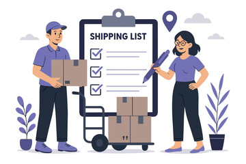 Flat-style vector illustration of a female courier scanning a parcel on her delivery route with cityscape background and logistic elements