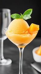 Refreshing peach sorbet with basil garnish in elegant glass setting for summer desserts