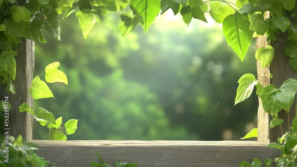 Poster nature's frame: view a tranquil scene through a window adorned with fresh green leaves, providing a 