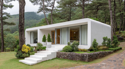 modern capsule house nestled in dense forest featuring unique architecture and striking element