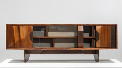 Fototapeta premium Modern wooden sideboard with geometric design and glass panels, perfect for contemporary interiors and elegant furnishing