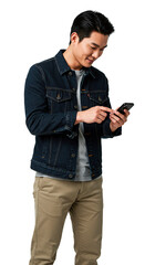 Happy asian man in denim jacket using his smartphone.