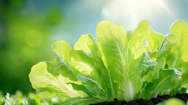 Fresh Green Romaine Lettuce: Close-up captures the freshness of vibrant green romaine lettuce leaves, illuminated by the soft, natural glow of sunlight, representing natural and organic freshness.