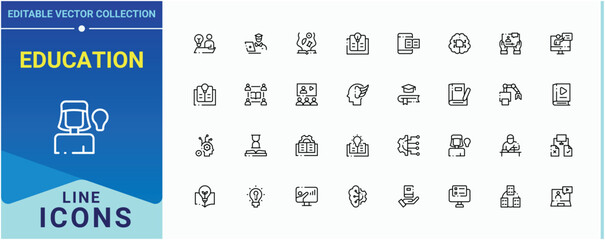 Education linear icon set. Pack of university, training, teach, student and more. Learning icon set. Line symbol and sign. Pictogram and infographic.