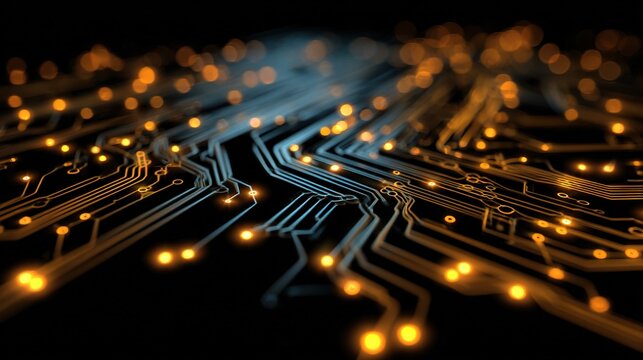 Glowing Circuit Board Wallpaper with Bright Traces on Black Background