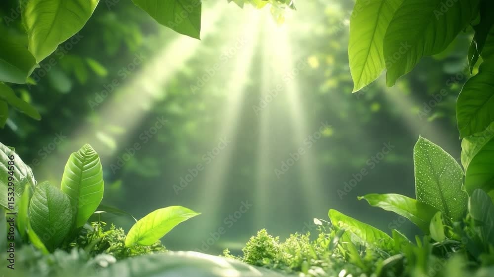 Poster Sunbeams in the Forest: Sunlight streams through lush green foliage, creating a magical, ethereal atmosphere in a vibrant forest scene.