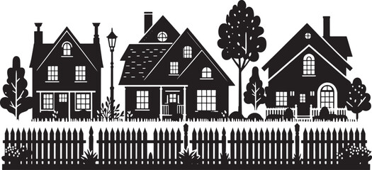 Black Silhouette Vector of a Cozy Suburban Neighborhood – Clean, Minimal Clipart Design