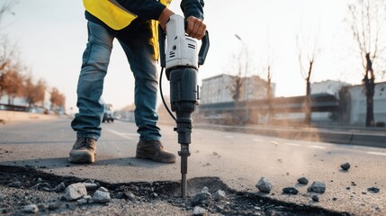 A construction worker in a yellow reflective safety vest and white hard hat uses a handheld jackhammer to break apart a grey asphalt road surface during daytime roadwork operations.