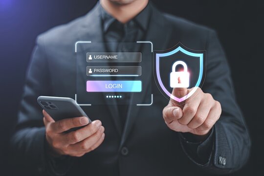Businessman using smartphone for secure online login with password and username protection
