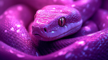 Obraz premium Vibrant serpent coiled elegantly, showcasing iridescent scales in a mystical, purple-toned setting