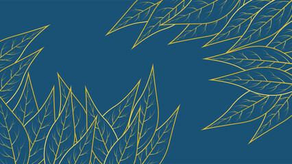 Stylish golden leaf background with fine line art on deep blue surface ideal for luxury themes and decor