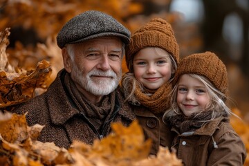Grandfather and Granddaughters Smiling in Autumn Leaves Portrait Together