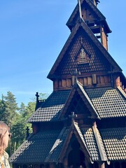 Gol Stave church. Medieval wooden Christian structure. Old wooden fence. Gol, Norway
