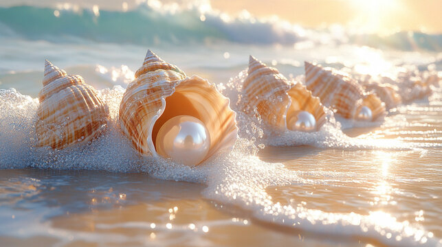 Pearls in shells on beach at sunrise with ocean waves