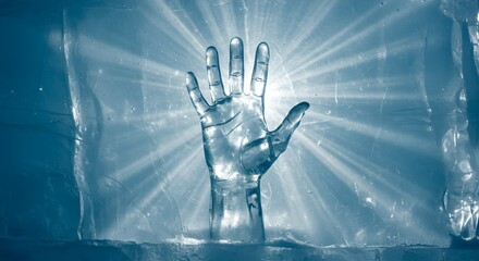 A frozen, translucent sculpture of a human hand emerging from a block of ice. 