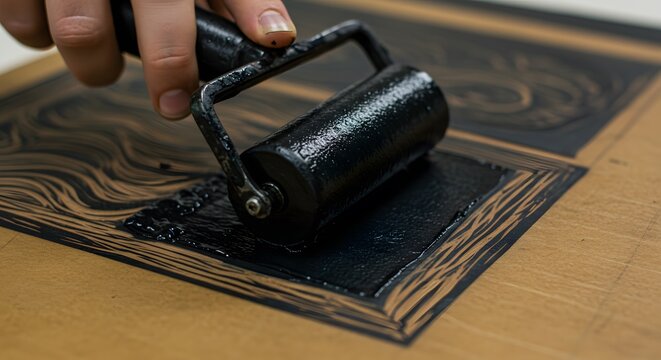 A close-up of ink being rolled onto a carved linoleum surface.