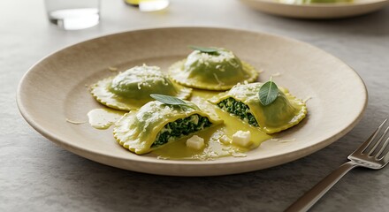 Spinach ricotta ravioli with butter sage sauce -clean gourmet photo
