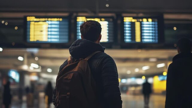 Traveler with Backpack Checks Arrival Times on Information Board at Terminal