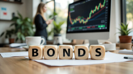 Bonds investment concept shows fixed income financial instruments used for stable returns, capital preservation, and portfolio diversification with copy space