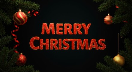 Festive christmas greeting with decorated ornaments and pine branches for seasonal celebration
