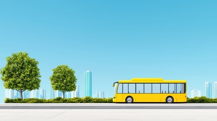 Fototapeta premium Yellow Public Bus on City Street with Green Trees and Modern Buildings in Clear Blue Sky